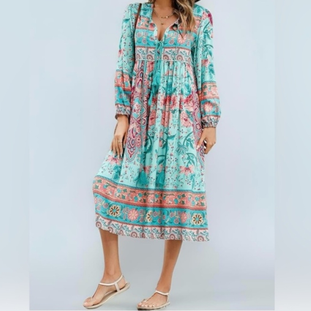 R. VIVIMOS WOMEN'S LONG SLEEVE FLORAL BOHO TASSEL MIDI DRESS SIZE LARGE 12/14